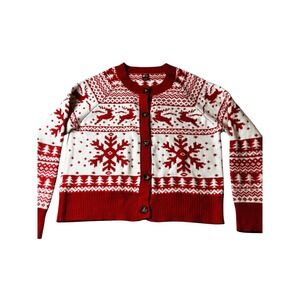 Dec. 25th Womens Christmas Cardigan Sweater Red White Reindeer Snowflake Large